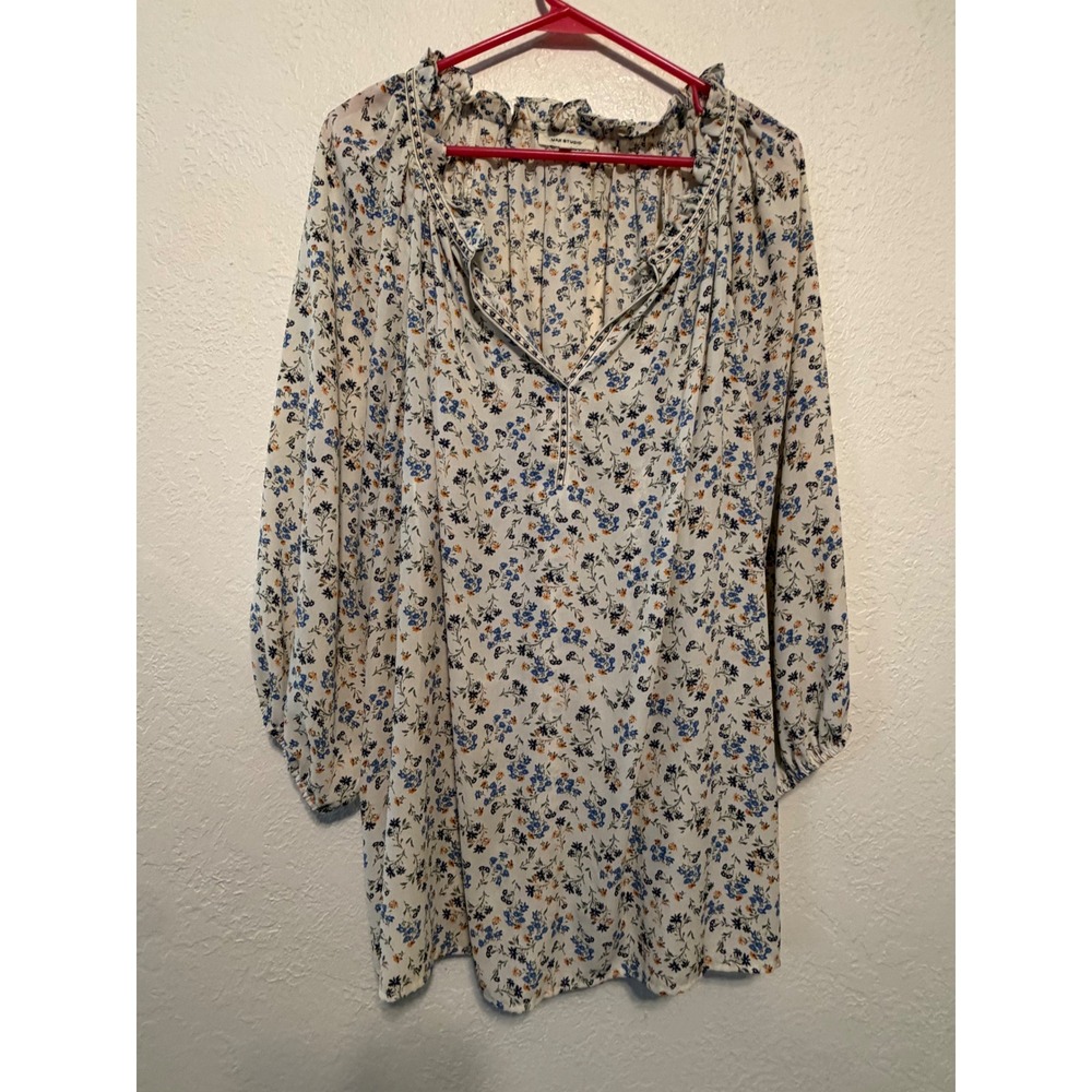 Max Studio Floral Ruffle Neck Peasant Blouse 2X Cream Blue Orange 1W08D31